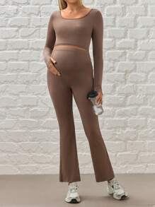 SHEIN Maternity Solid Color Long Sleeve Top And Pants Slim Fit Sportswear - Brown - View 3