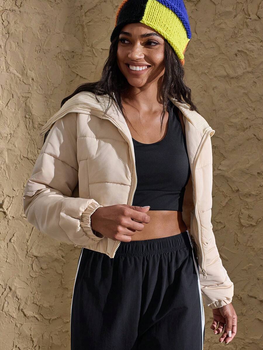 VARSITIE معاطف نسائية شتوية مُصَمَّمَة بوليصة أكمام مقصرة - كاكي - مشاهدة 1