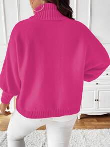 SHEIN Unity Plus Size Women's Casual Everyday Letter Pattern High Collar Lantern Sleeve Pullover Sweater, Autumn/Winter Knit Pullover Fall - Hot Pink - View 2