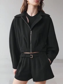 Ontre 2025年春季新款女装，O型设计法式黑色领冬季女士外套，38%羊毛粗花呢面料，O型廓形女式夹克，翻领拉链设计 - 黑色 - 查看 7