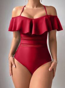 SHEIN Swim 1pc Women's Ruffled Cold-Shoulder Halter One-Piece Swimsuit Red Swimsuit Summer - Red - View 6