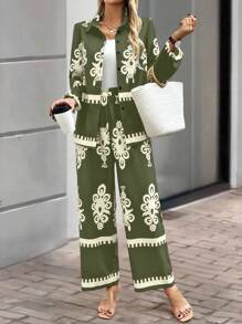 SHEIN LUNE 2 件套女士休闲随机印花长袖衬衫上衣和长裤，简约时尚，适合日常穿着 - 軍綠色 - 查看 1