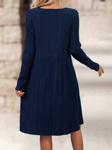 EMERY ROSE Women Solid Color Round Neck Long Sleeve Pleated Minimalist Casual Short Dress - Blue - View 2