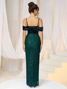 SHEIN Belle Women's Elegant Sequins Patchwork Open Shoulder Slit Party Dress, Summer,Women's Fashion Autumn And Winter Banquet Party New Year's Eve Festival Clothing Sun Skirt Princess Socialite Elegant Internet Celebrity Popular Dress Daily Wear Velvet Fabric And Sequins Stitching Fabric Dress Dress, Tight Chest And Waist Design Fashionable And Slim, Green Dress Formal Dinner Ball Dress, Christmas, New Year's Eve Can Be Worn - Dark Green - View 2