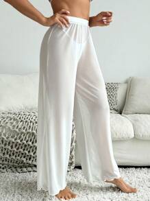 SHEIN Swim Quần Palazzo ống rộng cạp chun màu trơn cho nữ đi nghỉ mát mùa hè - Màu be - Xem 4