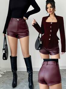 SHEIN Unity 常规酒红色女士卷边下摆休闲短裤，秋季新品 - 酒紅色 - 查看 1