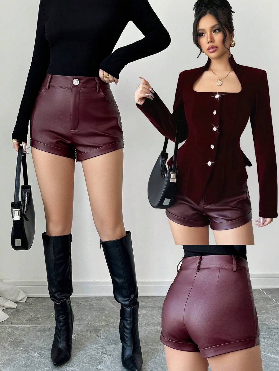 SHEIN Unity 常规酒红色女士卷边下摆休闲短裤，秋季新品 - 酒紅色 - 查看 1