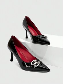 CUCCOO BIZCHIC Women's Pointed Toe Slip-On Pumps With Straps And Multiple Buckle Decoration, Suitable For Everyday Wear New Year Holiday - Black - View 1