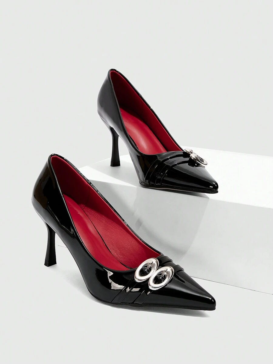 CUCCOO BIZCHIC Women's Pointed Toe Slip-On Pumps With Straps And Multiple Buckle Decoration, Suitable For Everyday Wear New Year Holiday - Black - View 1