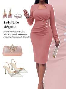 SHEIN Lady Vestido azul marino elegante de punto de manga larga para otoño e invierno, nuevo producto, vestidos de fiesta de graduación de talla grande, vestidos azules, atuendos de festival, vestidos de dama de honor - Rosa vieja - Ver 1