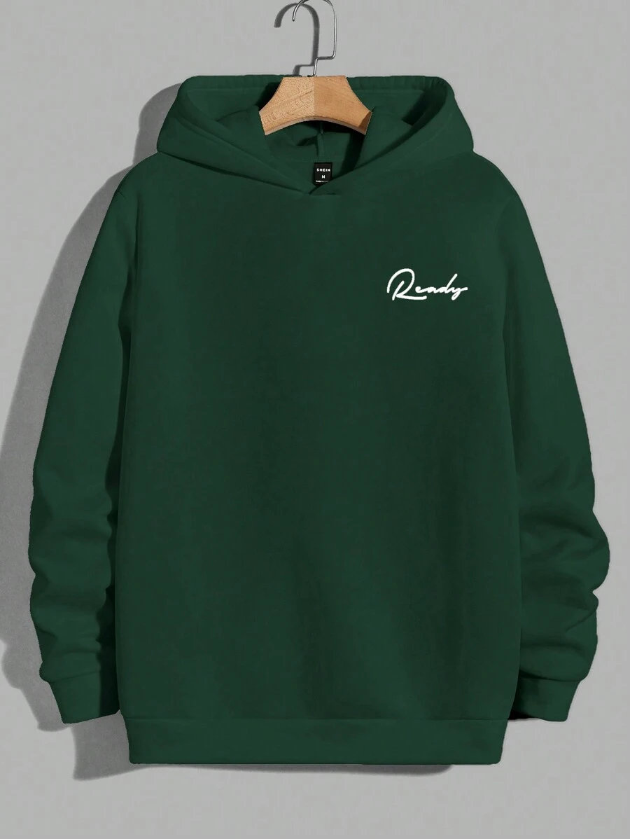RueChic Men's Hooded Sweatshirt With English Printing - Dark Green - View 1