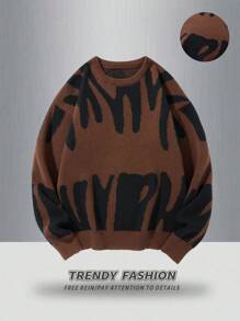 Manfinity EZcore 男士简约时尚休闲套头毛衣，日常穿着，男士毛衣，棕色毛衣，图案毛衣，男士图案毛衣，抽象印花毛衣