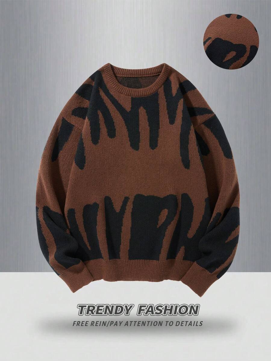 Manfinity EZcore 男士简约时尚休闲套头毛衣，日常穿着，男士毛衣，棕色毛衣，图案毛衣，男士图案毛衣，抽象印花毛衣