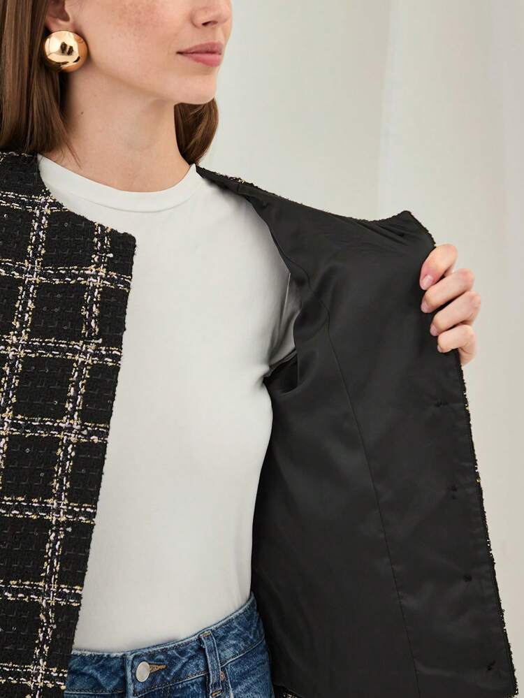 Autumn/Winter Romantic Holiday Women Black Plaid Round Neck Long Sleeve Metal Buttons Decor Elegant Short Tweed Jacket,Fall Women Clothes
