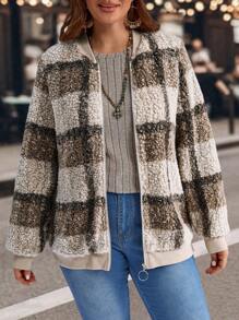 EMERY ROSE Plus Size Casual Colorblock Plaid Fleece Jacket, Winter Clothes For Women - Multicolor - View 6