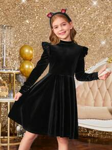 SHEIN Tween Girl Solid Color Velvet Knit Ruffle Trim Long Sleeve Dress, Suitable For Christmas - Black - View 1