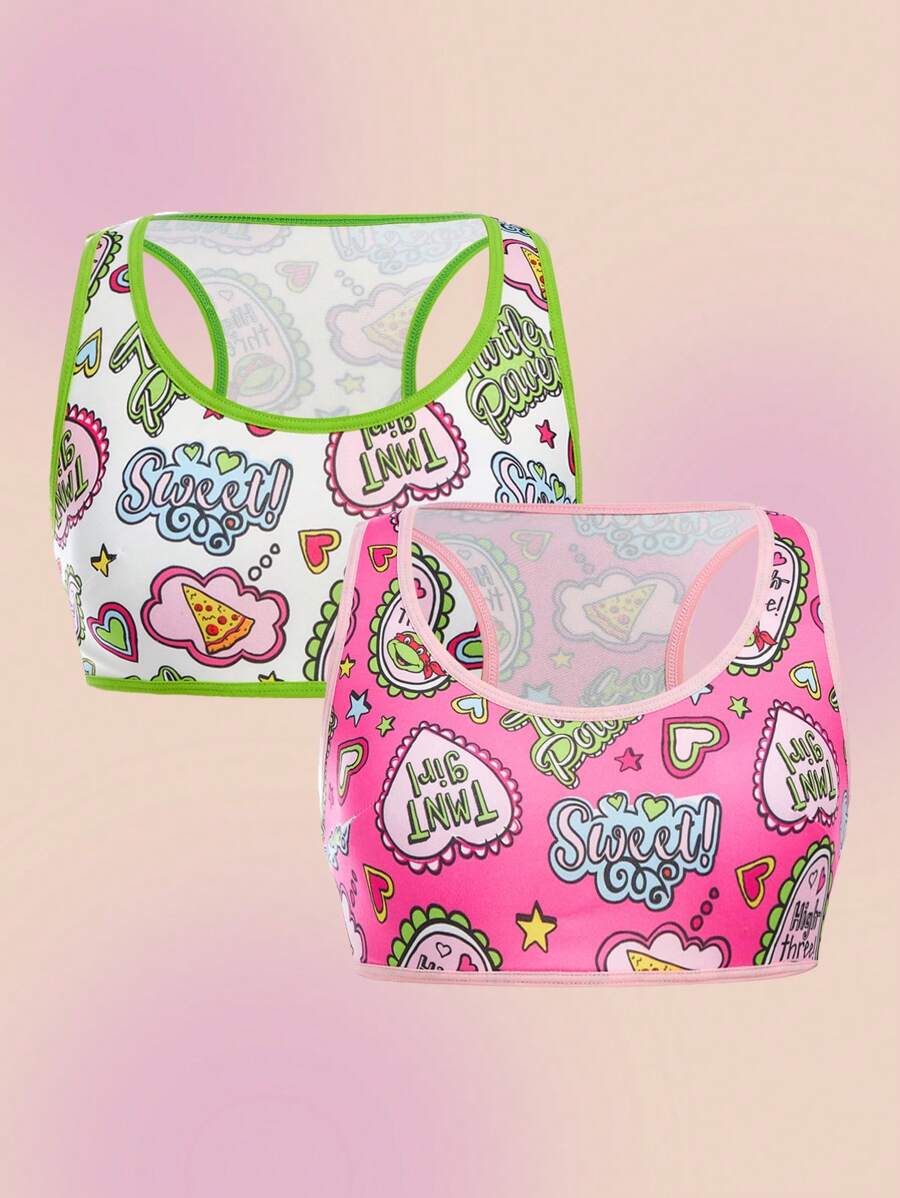 TEENAGE MUTANT NINJA TURTLES | SHEIN Tween Girl 2 件套字母和心形印花 Ringer 工字背文胸上衣带胸垫 - 粉色 - 查看 1
