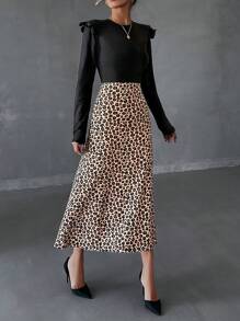 RueChic Ladies Elegant Paneled Leopard Print Cinched Waist Dress, Autumn - Multicolor - View 3