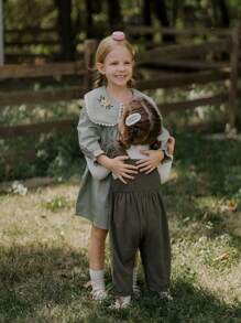 SHEIN Baby Girl Fluffy High Collar Sweater & Corduroy Cap Sleeve Jumpsuit Set, New Arrival Autumn/Winter Warm And Comfortable, Stylish Korean Fashion, Casual Outfit