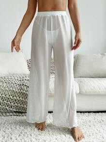 SHEIN Swim Quần Palazzo ống rộng cạp chun màu trơn cho nữ đi nghỉ mát mùa hè - Màu be - Xem 5