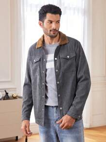 Manfinity Homme Men's Contrast Color Thermal Lined Casual Hooded Jacket, Autumn/Winter Work Long Sleeve Lightweight Color Block Jacket, For Friends, Husband, Boyfriend Gifts , Corduroy - Dark Grey - View 4