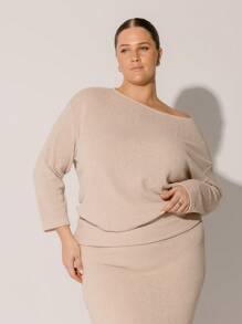 Aralina Plus Size Women's Classic Knit Crew Neck Casual Winter Wardrobe Essential Top - Camel - View 1