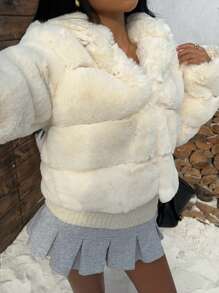 SHEIN EZwear White Fluffy Short Casual Hooded Jacket For Women
