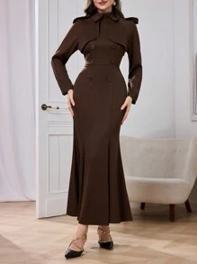 Modelyn 女士优雅束腰系腰连衣裙鱼尾长礼服，优雅场合穿着长款女士服装 - 棕色 - 查看 3