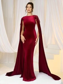 SHEIN Belle 女士优雅针织天鹅绒红色贴花褶皱腰正式晚礼服，圣诞礼服提花情人节鸡尾酒礼服，晚礼服正式派对礼服秋冬，性感网眼长袖伴娘礼服，舞会礼服，适合婚礼嘉宾，毕业典礼，晚宴 - 酒紅色 - 查看 6