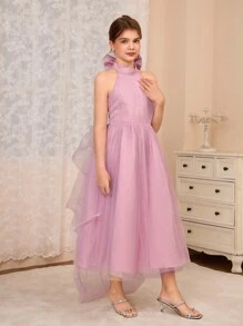 SHEIN Girl's Elegant Luxury Pink Oversized Bow Back Long Formal Dress, Suitable For Party, Banquet, Evening, Christmas, Halloween, Thanksgiving, Wedding And Other Occasions - Pink - View 5