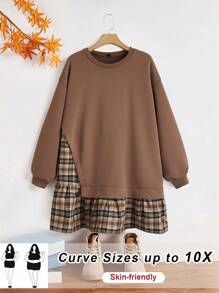 SHEIN CURVE+ Plus Size Women's Plaid Panel Drop Shoulder 2 In 1 Sweatshirt Dress - Multicolor - View 1
