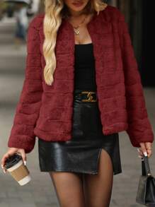 SHEIN Clasi Women's Elegant Fluffy Collar Solid Color Jacket, Autumn/Winter - Red - View 5