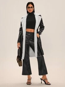 SHEIN SXY F秋冬女式长款外套休闲保暖 PU 毛绒内衬长袖口袋夹克（配腰带）；所有女装；黑色皮夹克；女式长款外套 - 黑色 - 查看 5