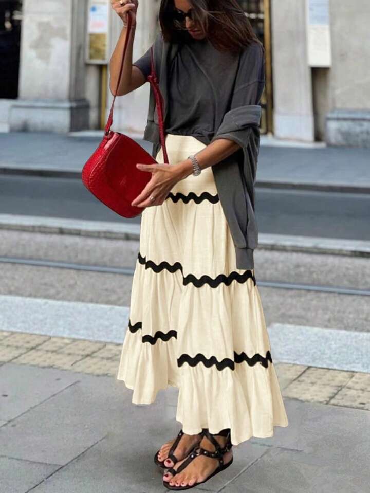 Calvaya Women's Fashion Color Block Wave Knee-Length Skirt