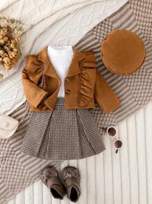 SHEIN Playful Pals Baby Girl Ruffle Trim Jacket & Skirt Set With Hat, Spring & Autumn Fall Clothes - Brown - View 1