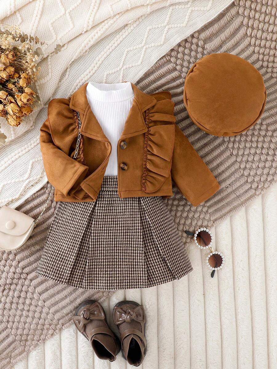 SHEIN Playful Pals Baby Girl Ruffle Trim Jacket & Skirt Set With Hat, Spring & Autumn Fall Clothes - Brown - View 1