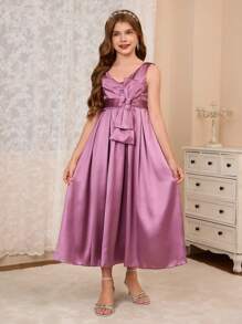 SHEIN Girls Elegant Purple Sleeveless V-Neck Front Bow Decor Mid-Length Party Dress, Suitable For Christmas, Halloween, Thanksgiving, Party, Wedding, Flower Girl - Purple - View 1