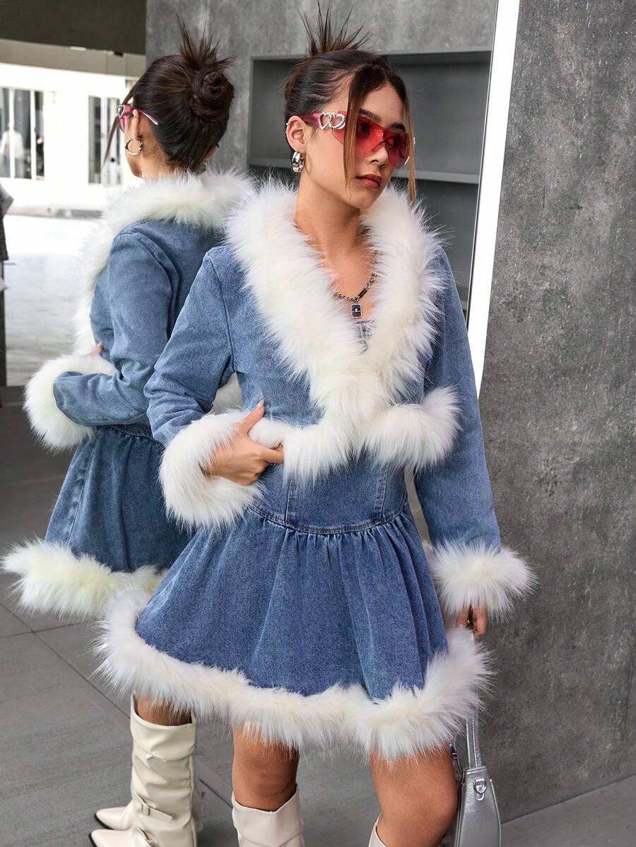 SHEIN 少女Y2K蓝色牛仔白毛领外套，秋冬季，酷炫/少女感恩节，秋冬 - 深色水洗藍 - 查看 1