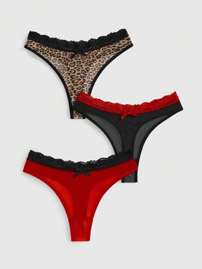 J-Fashion 3pcs Y2K Harajuku Leopard Print Mesh & Lace Trim Women Narrow Band Brief Panty Set