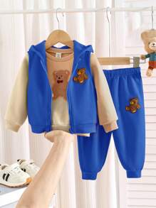 SHEIN 3pcs Baby Boys Autumn/Winter Outfit: Cute Bear Graphic Fuzzy Zip-Up Hooded Jacket, Loose Casual Sweatpants, Solid Color All-Match Crew Neck Pullover Sweatshirt. Suitable For Indoor & Outdoor