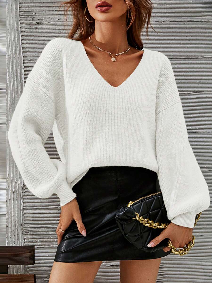 SHEIN Frenchy 秋冬纯色V领休闲百搭长袖套头衫 - 白色 - 查看 1