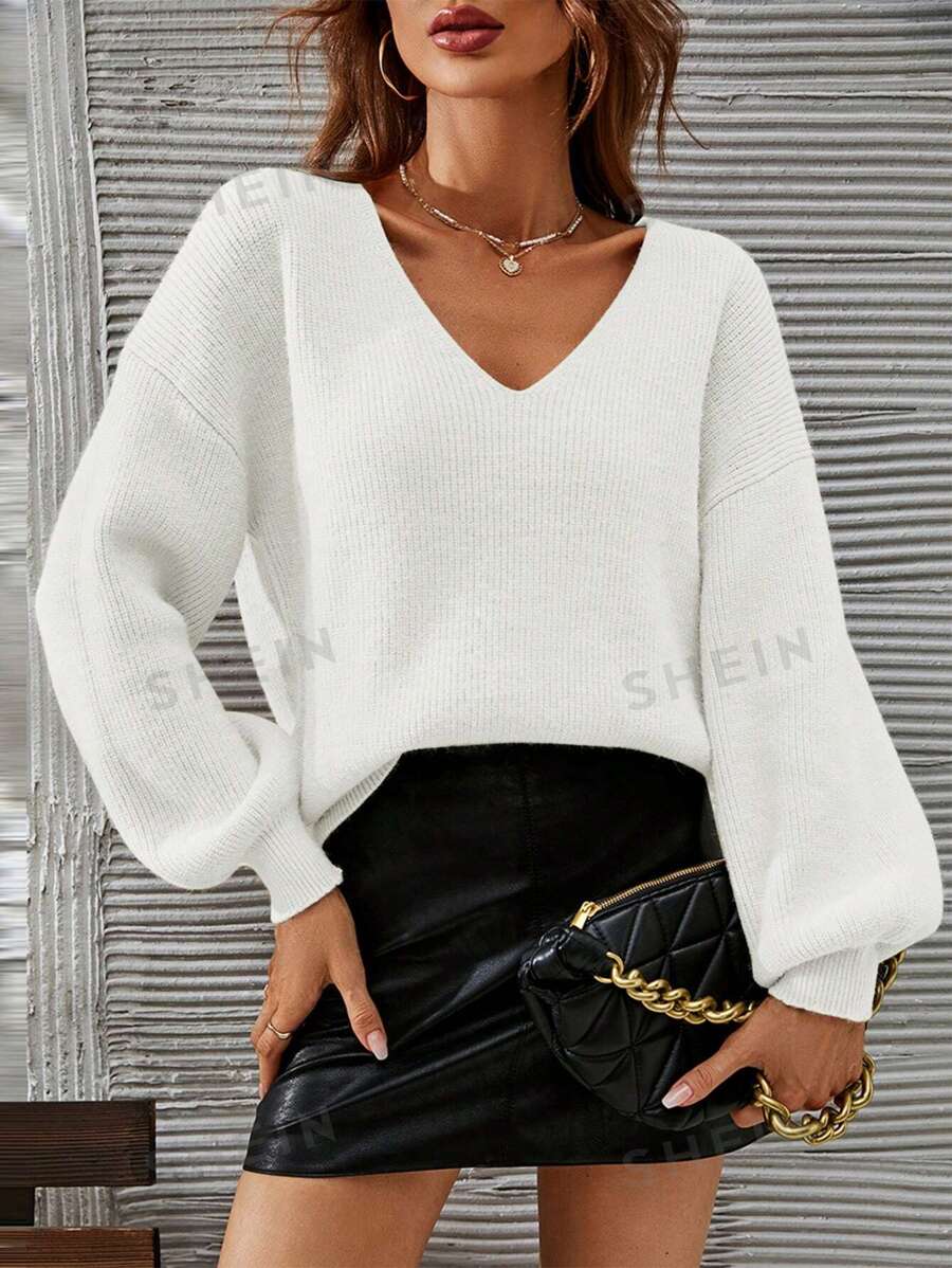 SHEIN Frenchy Suéter de cuello en V de unicolor, versátil, de manga larga, para otoño/invierno - Blanco - Ver 1