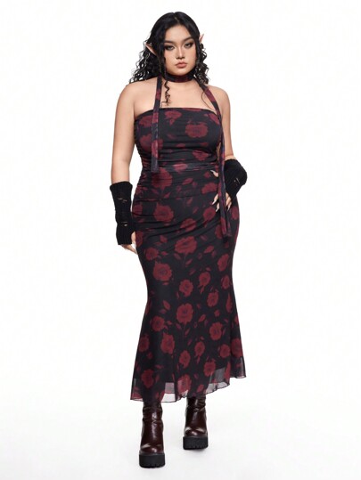 Fairycore 2pcs Set Plus Size Women Floral Bandeau Top & Maxi Mermaid Skirt, Elegant