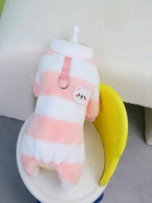 PETSIN Pink Striped Plush Warm & Cozy Jumpsuit For Pets With Leash, Suitable For Autumn And Winter