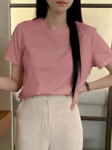 DAZY Women Casual Solid Color Hollow Heart Short Sleeve T-Shirt Valentine Valentine's Day
