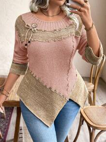 SHEIN LUNE Pullover in Große Größen mit Kontrastfarben-Patchwork und asymmetrischem Saum für Herbst/Winter