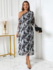 SHEIN Clasi Curvy Plus Size Women's Off Shoulder Off Shoulder Printed Asymmetric Collar Long Sleeve Elegant Fashion Long Dress For Autumn And Winter, Guest Party Party Dress, Going Out,Holiday Party Dress - Dark Grey - View 7