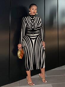 Slaydiva Plus Size Minimalist Artistic Lines Print Long Sleeve Round Neck Fitted Dress, Elegant Women Clothing For Autumn/Winter - Multicolor - View 1