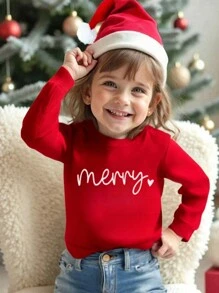 年轻女孩休闲圆领长袖心形印花运动衫，秋季，圣诞节 - 紅色 - 查看 1