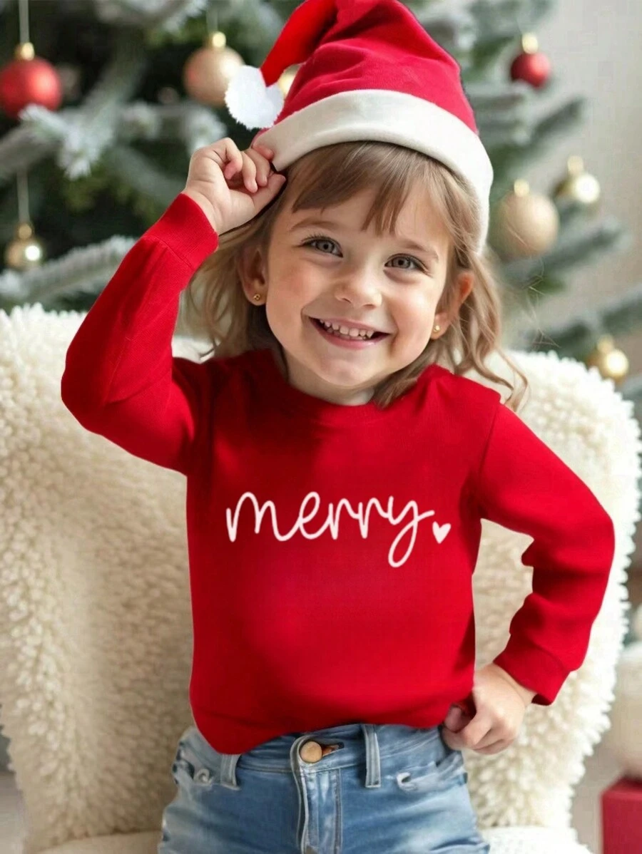 年轻女孩休闲圆领长袖心形印花运动衫，秋季，圣诞节 - 紅色 - 查看 1